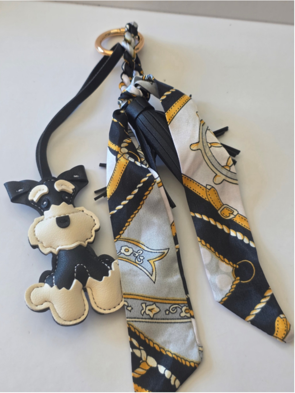 Schnauzer Dog Bag Charm Black Cream Twilly Tassel Keychain